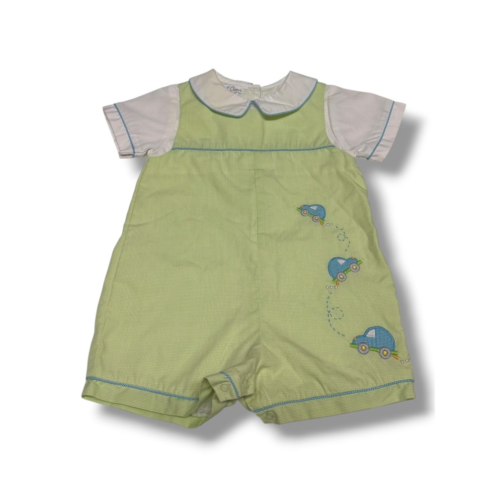 Petit Ami Baby Boy Green Gingham Car Embroidered Romper Peter Pan Collar 9M 2705
